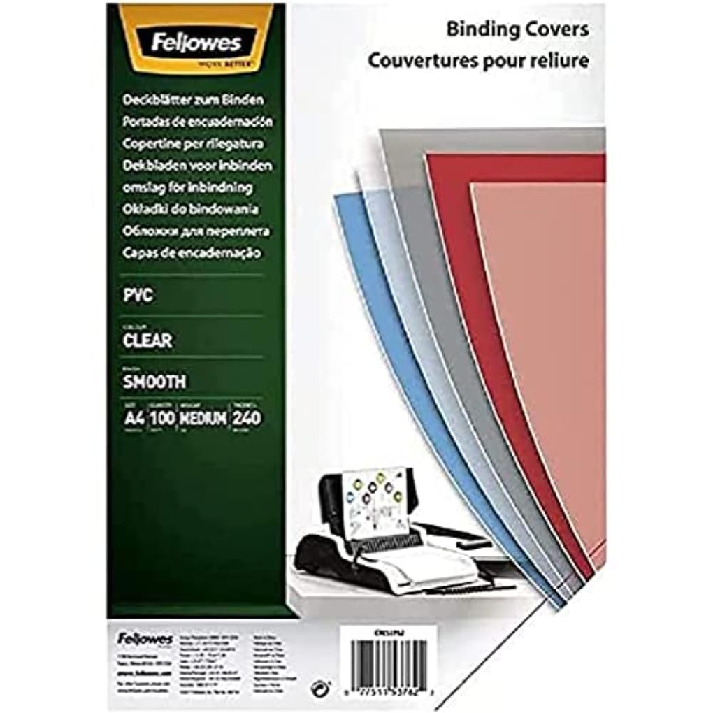 Fellowes A4 Binding Cover - 240 Microns PVC Binding Covers - Pack of 100 Binding Covers - Transparent