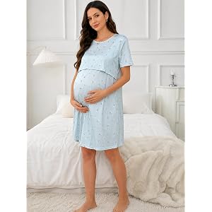 Women’s Maternity Nursing Nightgown, Short Sleeve Breastfeeding Sleep Dress, Soft Strawberry Print Lounge Dress for Pregnancy
