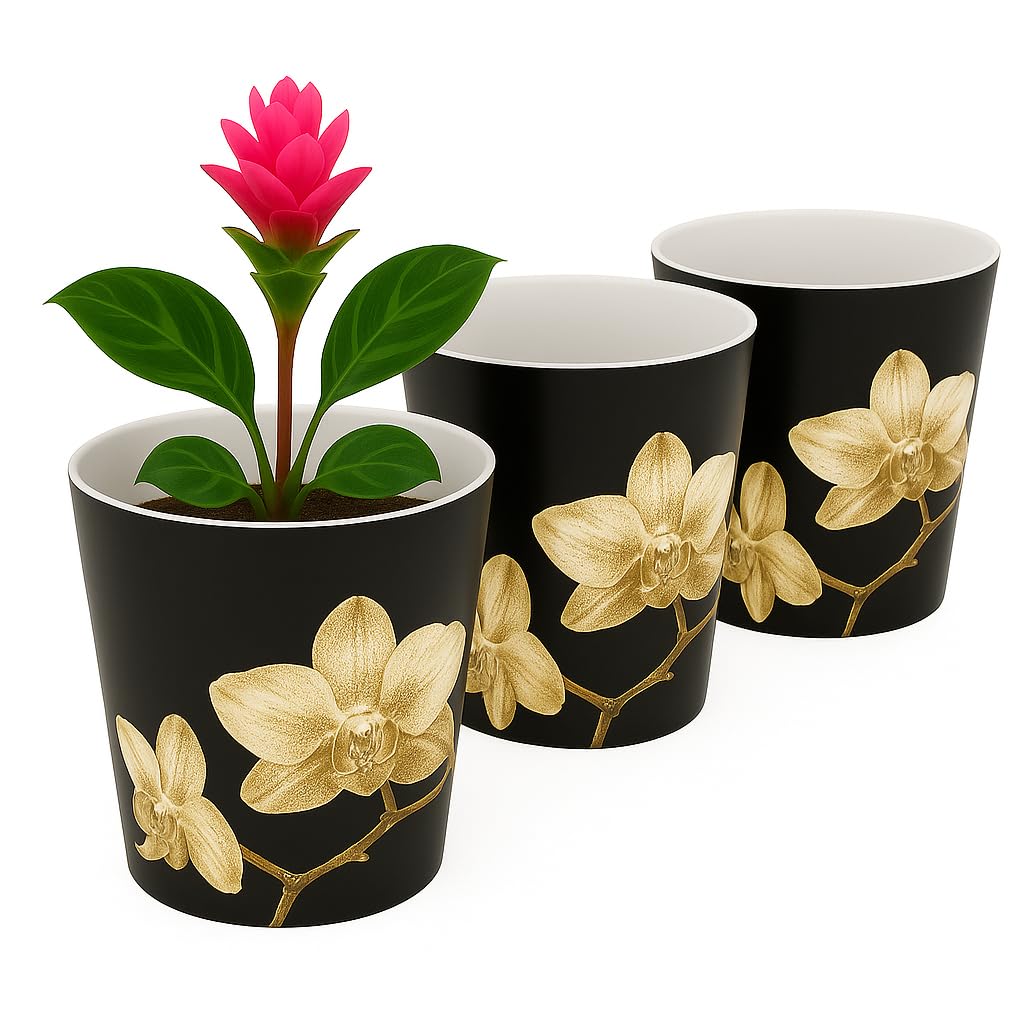 Home Garden Ornaments Indoor Plant Pot – Decorative Flower Pots with Inner Cone, Floral & Tropical Design Orchid Planters for Home Décor (15 cm / 5.9 inch – Golden Jungle)