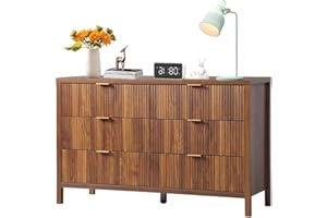 AFFEIVUL 6 Drawer Dresser Cabinet, Long Nightstand with Drawers and Storage Cabinet, Farmhouse Solid Wood Dresser TV Stand, Mid Century Modern Nightstand with 6 Drawer Dresser for Bedroom Closet (Walnut)