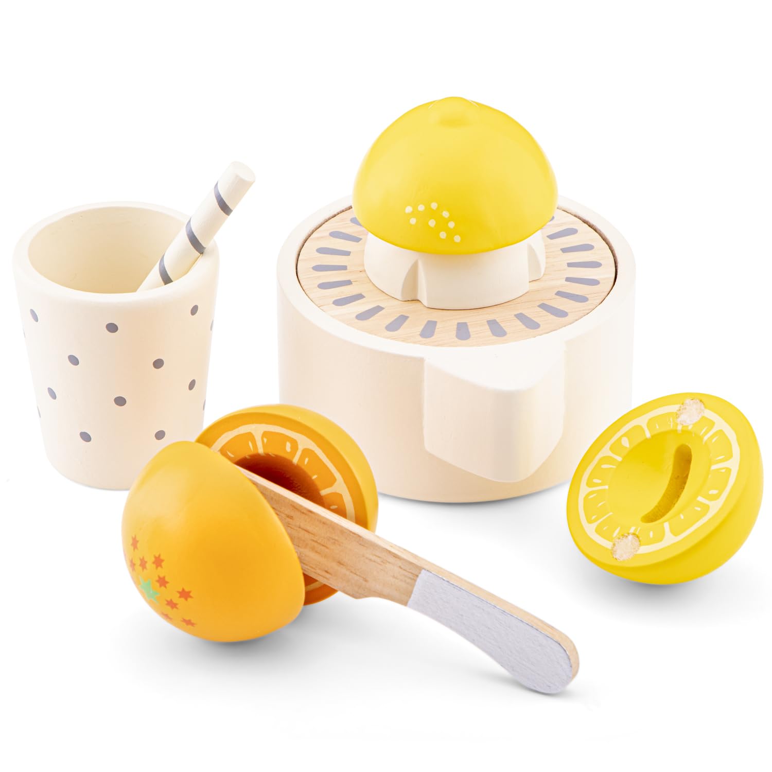 New Classic Toys Woet® Wooden Toy Citrus Juicer Set for Kids - Pretend Play Kitchen Appliance - With Orange Slices and Jug - Age 3 Years+