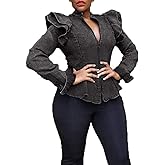 ECHOINE Women Casual Denim Jacket - Long Sleeve Zip Ruffle Shoulder Jean Jackets Peplum Coat Plus Size