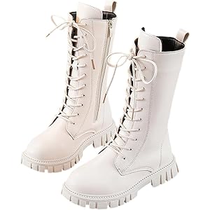 White Combat Boots for Girls Leather Lace Up Knee High Riding Booties | Side zipper, mid calf, faux leather, fashion, comfort