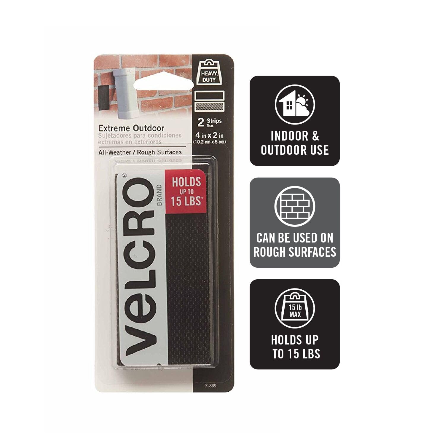 VELCRO Brand / Heavy Duty Stick On Strips / Cut-to-Length double Sided Hook & Loop / Self Adhesive Strips / Perfect for Room Décor & Home, Office, Garage Use / Black| 50mm x 100mm / Set of 2