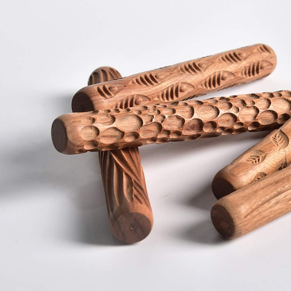 Lzttyee Set of 5 Wooden Handle Pottery Tools Clay Modeling Pattern Rollers Kit Brown
