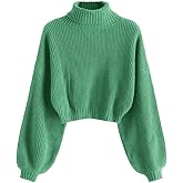 ZAFUL Women's Pullover Sweater Drop Shoulder Plain Knitted Cropped Sweater Pullover Solid Long Sleeve Cropped Tops