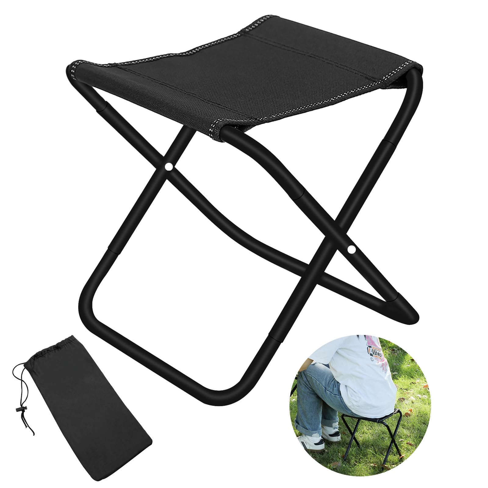 TENTHPEO Folding Camping Stool, Lightweight Portable Collapsible Stool, Mini Outdoor Chair for Fishing Hiking Picnic Travel, Holds 100kg with Carry Bag - Black