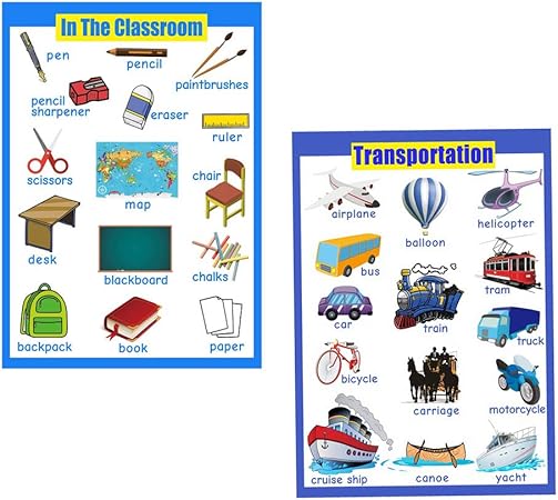 Amazon ウォールチャート 学習ポスター 壁ポスター 保育園 幼稚園 英語 学習 壁紙 乗り物 教室 ２枚 英語 外国語 おもちゃ