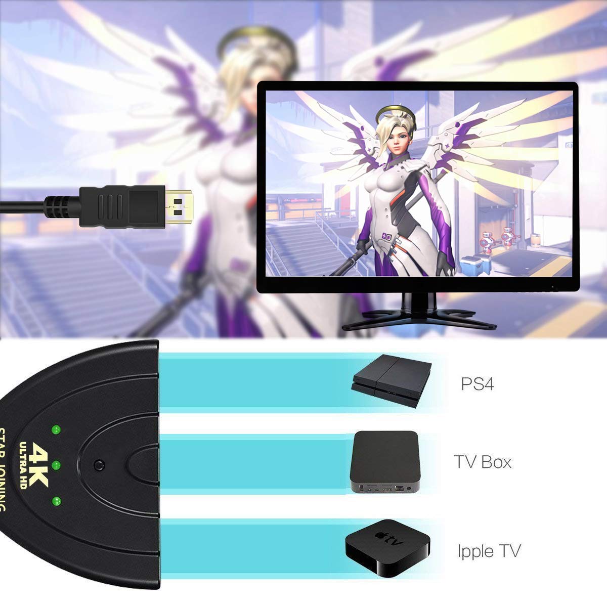 HDMI Switch-STARJOINING HDMI Splitter/Hub/Switcher(3 In 1 Out)-Supports 4K 1080 HD Plug and Play for HDTV PC Projector PS3 PS4 Xbox One, Blu-ray Player and More