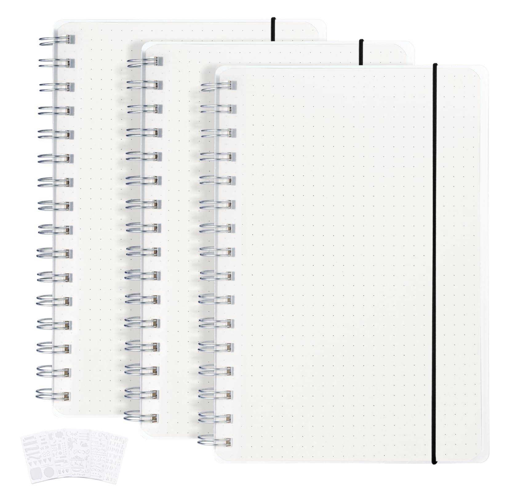 3 Pack Journal Notebook Dotted, A5 Clear Journals Dot Spiral (No Bleed) with 5 DIY Stencils, 480 Pages, Thick 120gsm College Paper, 5.7 x 8.3 Inches