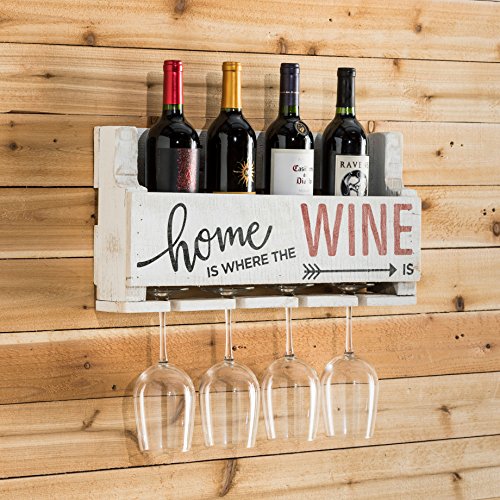 The Little Elm Wine Rack w/Quote 'Home is Where the Wine is', del Hutson Designs - USA Handmade Reclaimed Wood, Wall Mounted, 4 Bottle 4 Long Stem Glass Holder (White)
