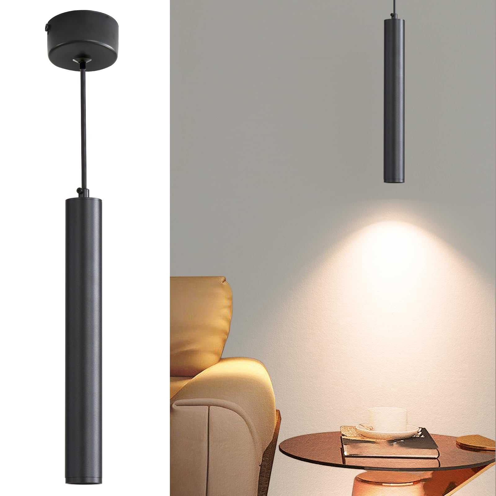 Mikeru Modern Cylinder Pendant Light, 3 Colour Temperature 3000k/4500k/6500k, Height Adjustable 1.4M for Kitchen Island, Bar, Living Room, Dining Room, 1 Pack