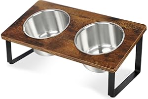 KEVIDEAWL Elevated Dog Bowls for Small Medium Wood Dogs Raised Bowl Stand with 2 Stainless Steel Deep Dog Food and Water Bowls, Anti Vomit, Non-Slip Feeding Dishes(Tilted，3 inches in Height, 40oz