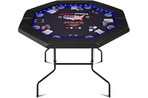 REAHOISY Foldable Poker Table with LED Lights, Octagon Casino Leisure Texas Holdem Table for 8 Player, Folding Blackjack Table w/Built-in LED Light, Padded Rails & Cup Holders for Home Game Room