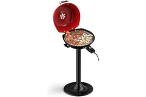 CHEFJOY 1600W Electric Grill Outdoor, 15-Serving Freestanding Camping Grill w/Removable Non-Stick Grilling Rack, Oil Drip Tray, Temperature Adjustable, Portable BBQ Grill for Patio, Backyard (Red)