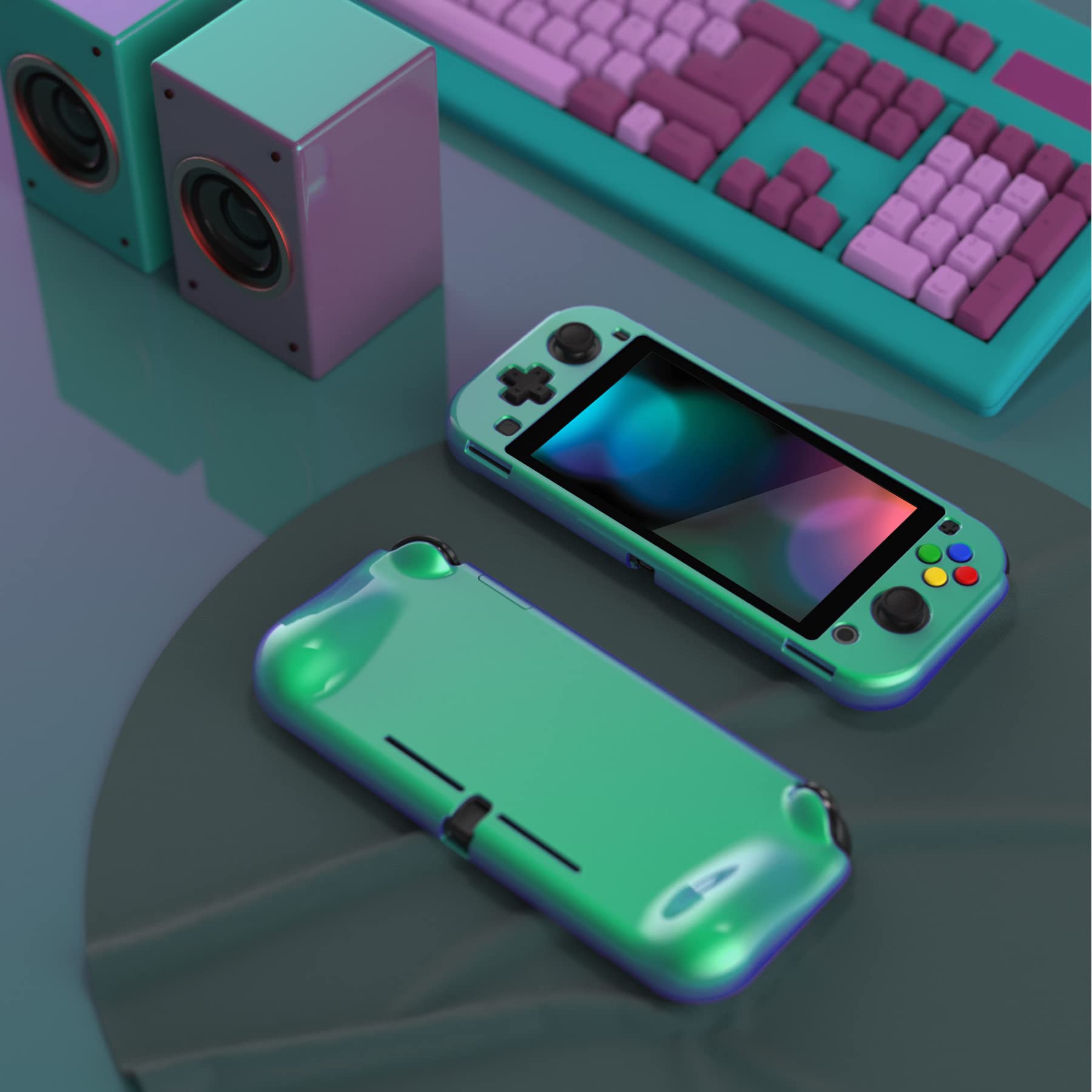 PlayVital ZealProtect Protective Case for Nintendo Switch Lite, Ergomomic Grip Hard Cover - Durable Shock-Absorbent Anti-Scratch with Screen Protector & Thumb Grip Button Cap, Chameleon Green Purple