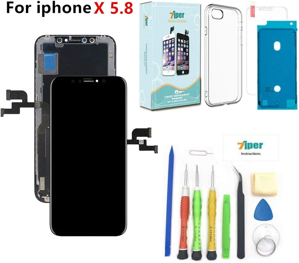 Screen Replacement for iPhone X (5.8 inch) -3D Soft OLED Screen Assembly - (Not LCD) Touch Digitizer Display Glass Replacement with Waterproof Adhesive,Tempered Glass,Tools,Instruction -Free Cover