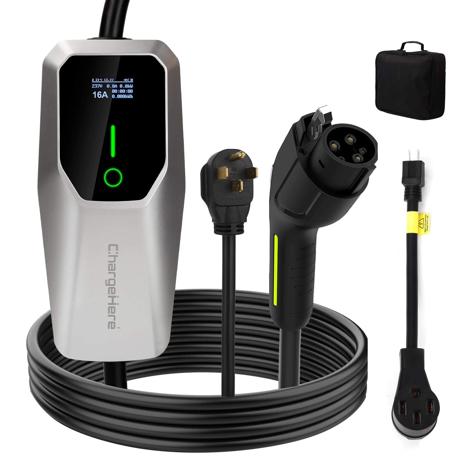 Photo 1 of CHARGEHERE Portable Level 1 & 2 EV Charger (16A, 25ft), Dual Voltage 110V-240V, NEMA 6-20P Plug with 5-15P Adapter, IP66 Waterproof J1772 EVSE Charging Station for All J1772 EVs (Tesla Needs Adapter)