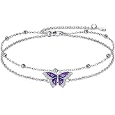 VONALA Butterfly Anklet 925 Silver Purple Butterfly Layered Anklet Jewelry Gift for Women