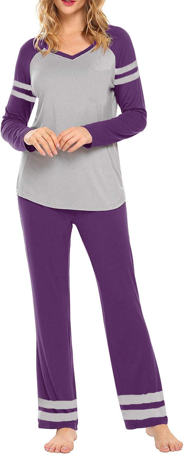 AOVXO Soft Pajama Set for Women Casual V-Neck Long Sleeve Loose Loungewear Set Long Sleeve Tops & Long Sleep Pants with Pockets Loungewear (Purple with Grey, XXL)
