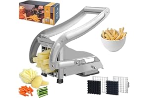 French Fry Cutter, Stainless Steel Potato Cutter, Potato Slicer, Includes 2 Blade Size Cutter Options and No-Slip Suction Bas