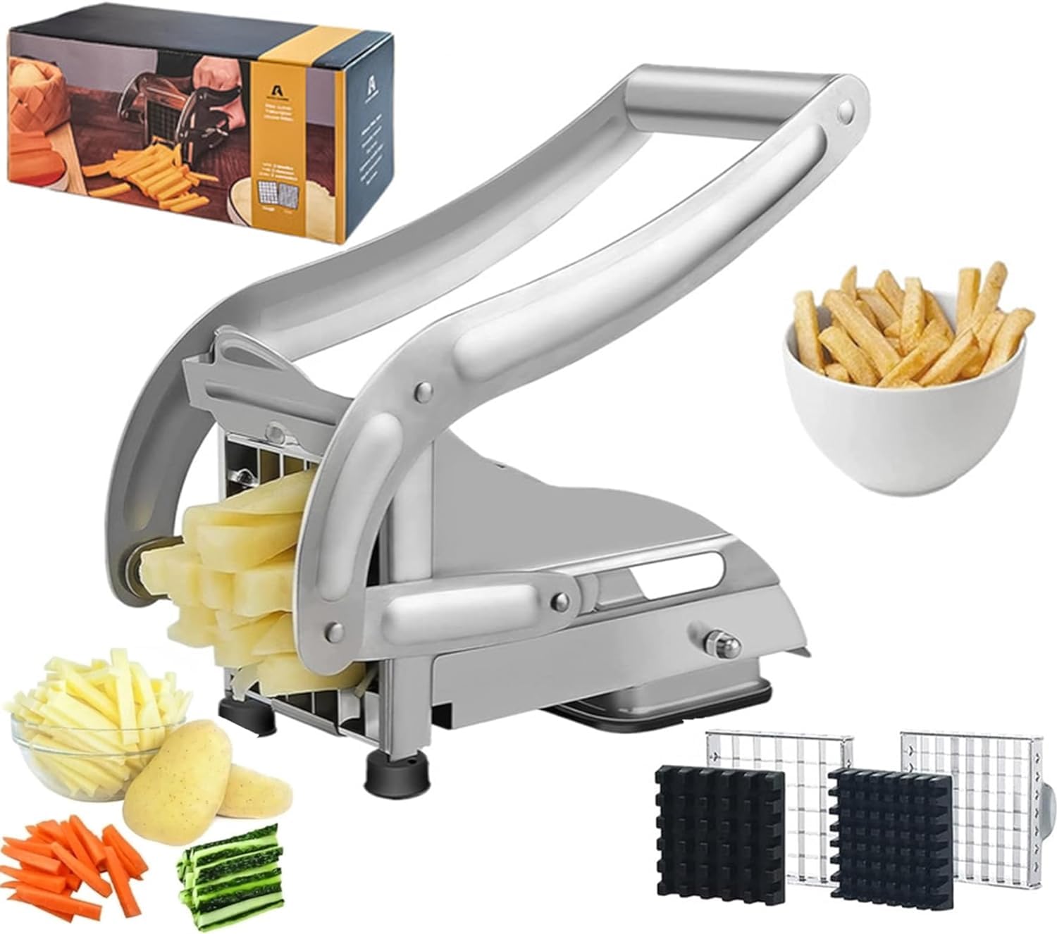 Chip Cutter,French Fry Cutter, Stainless Steel Potato Cutter, Potato Slicer, Includes 2 Blade Size Cutter Options and No-Slip Suction Base