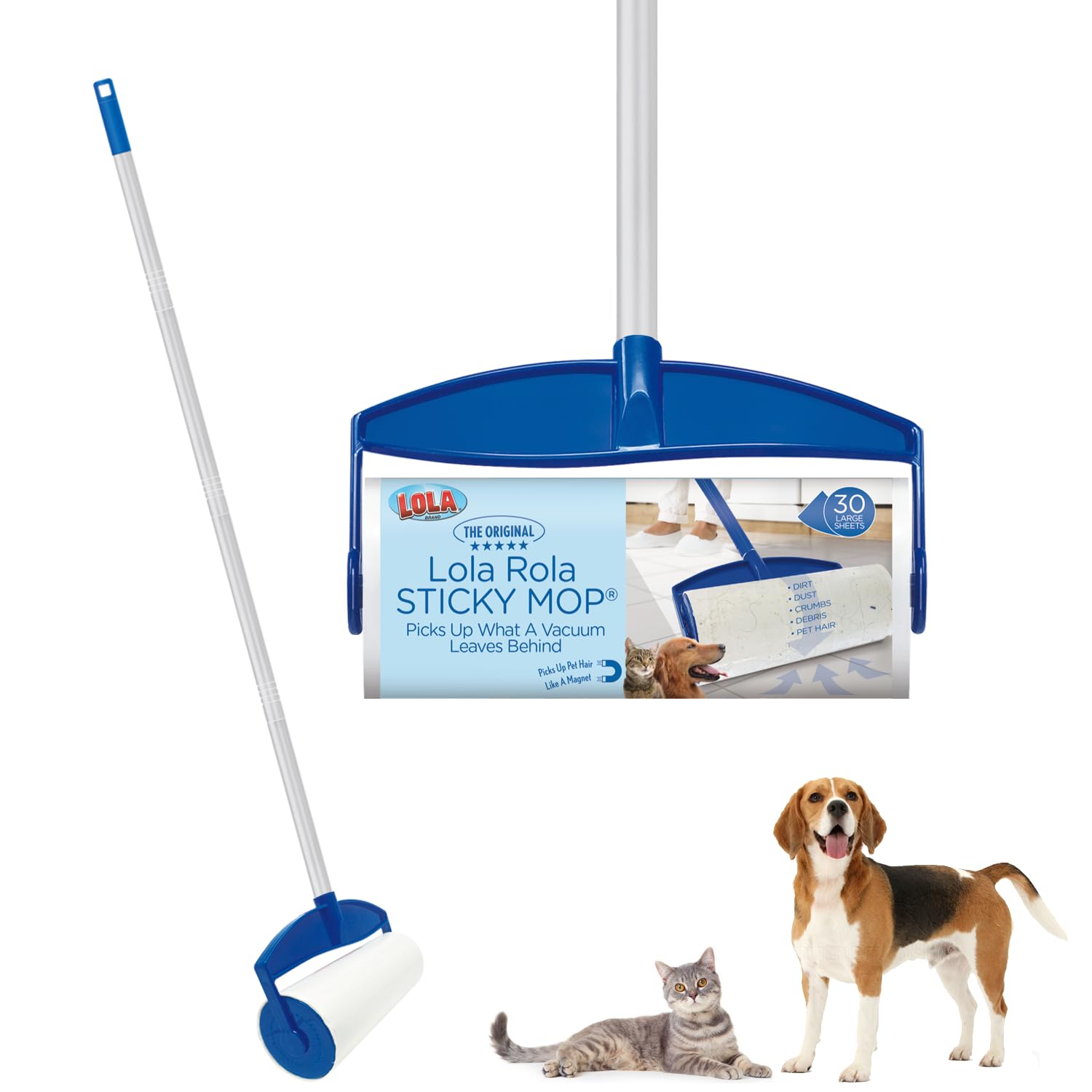 Photo 1 of Lola Rola PET Hair Remover Sticky Mop, Giant Floor Lint Roller, 9" x 3.5", Aluminum Handle, Largest Head, Traps Hair, Dust, Dirt, Extra Sticky Sheets