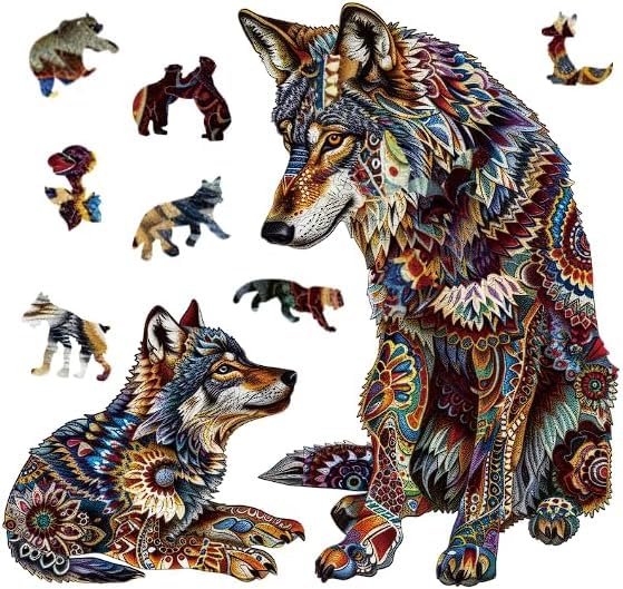 MYS A·U·R Wooden Puzzles for Adults Mandala Wolf Family Jigsaw Puzzles 500Pcs Unique Shapes Animal Puzzles Fabulous Gift for Kids and Adults on Birthday,Thanksgiving,Christmas 17.6x16.5 Inches