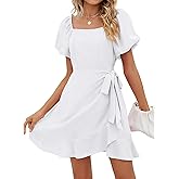 SAMPEEL Womens Summer Dresses Square Neck Puff Sleeve Tie Waist Short Dress