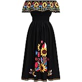 ABEHIK Mexican Dresses for Women Traditional Off Shoulder Summer Floral Sunflower Fiesta Long Maxi Dress Cinco de Mayo Outfit