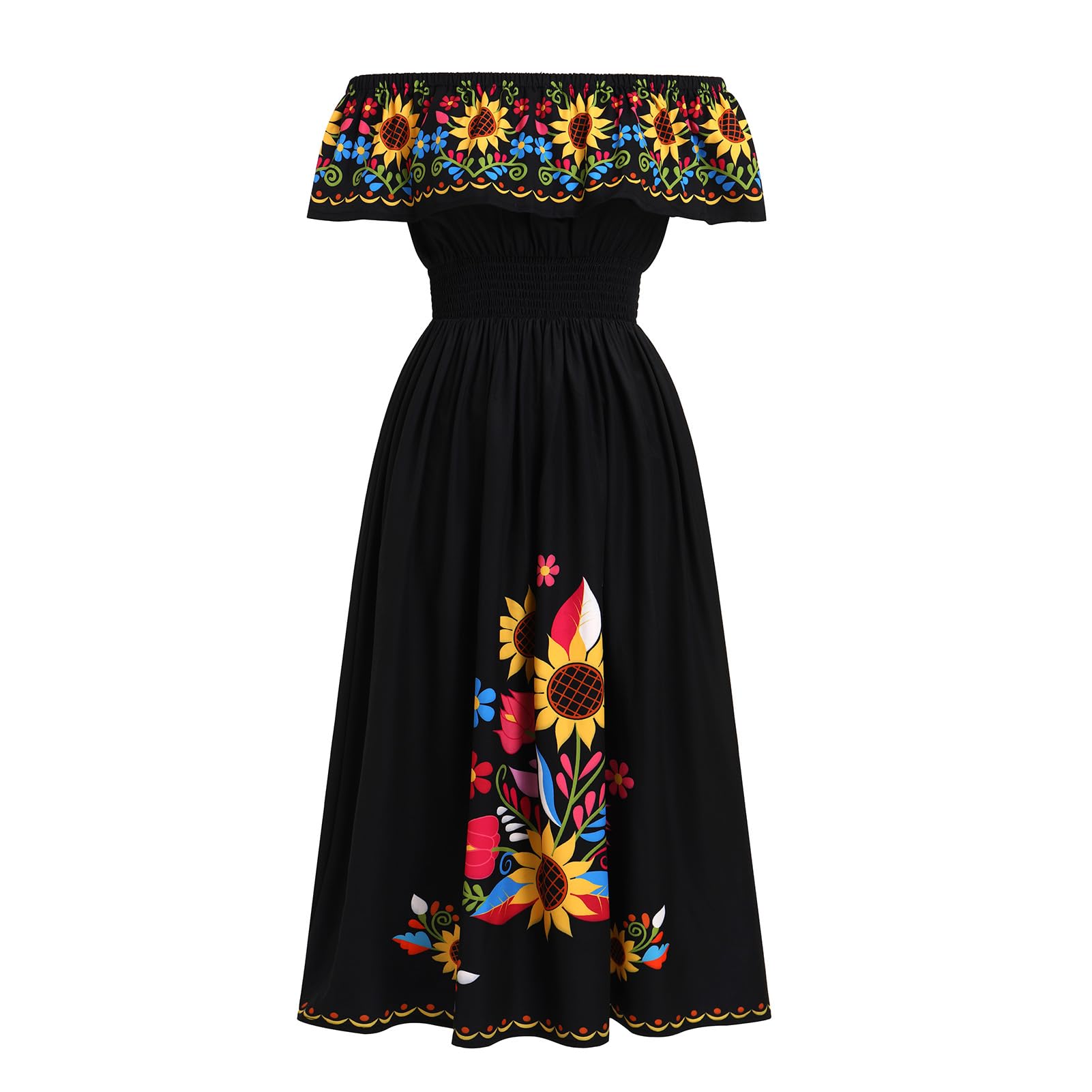 Photo 1 of ABEHIK Traditional Mexican Dresses for Women Summer Off Shoulder Floral Sunflower Fiesta Party Long Maxi Dress Cinco de Mayo Outfit Shirred Waist Casual Beach Holiday Clothes Black XL