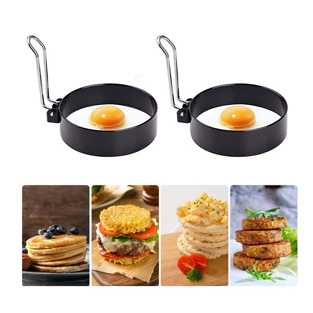 FLYFISH Egg Poaching, Egg Rings for Frying, NonStick Fried Egg Rings, Egg Ring, Pancake Mold, Round Egg Rings, Cooking Eggs, Eggs Mcmuffin, Crumpets, Muffins (S(7.6 cm x 2.1 cm), Black (Pack of 2)