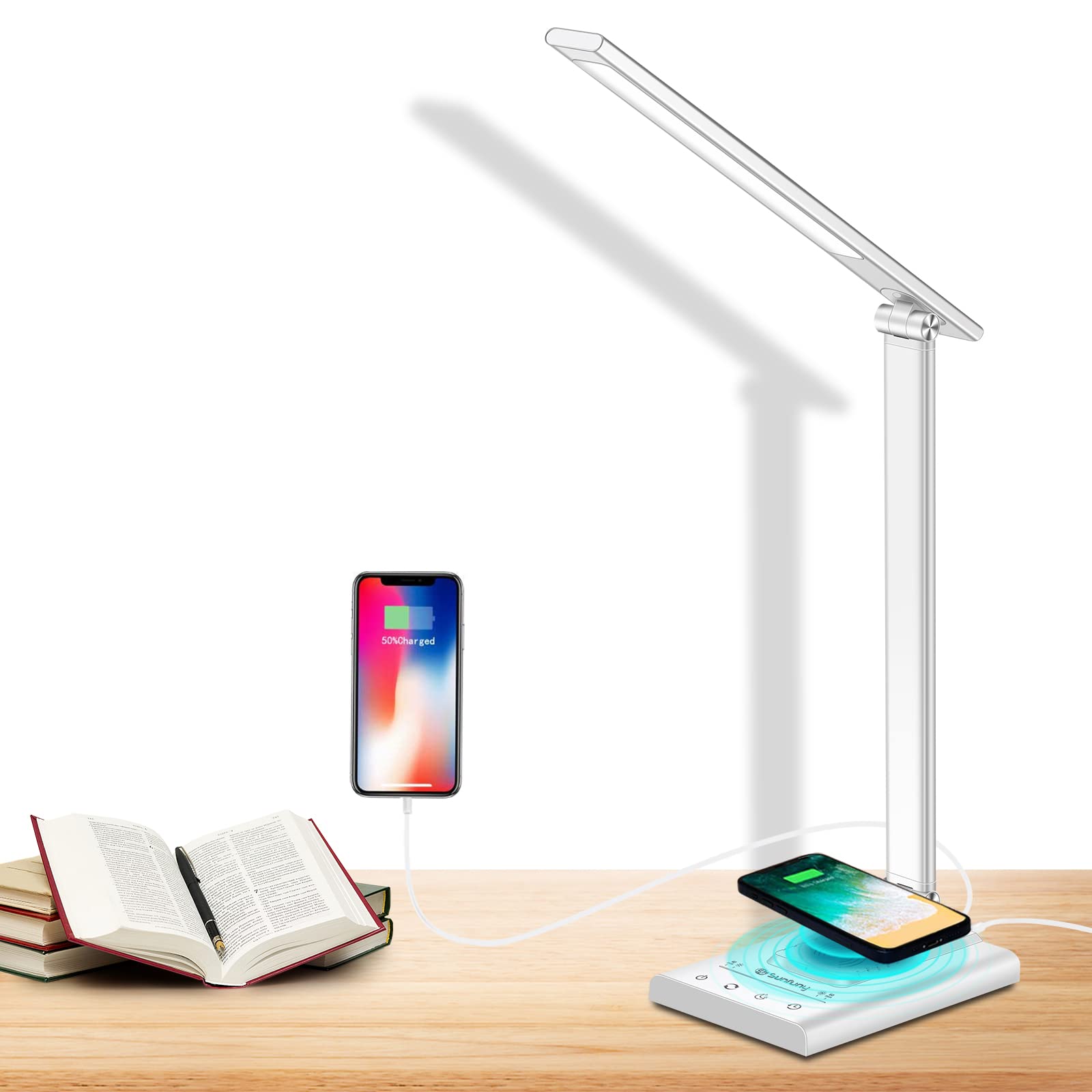 LED Desk Lamp with Wireless Charger & USB Charging Port, 12W Table Lamp with 7 Brightness Levels & 5 Color Modes, Touch Control, Foldable Design, Reading Lamp for Home Office, Bedroom (Silver White)