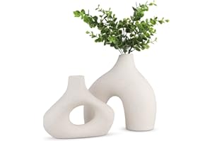 PUTHIAC White Ceramic Vases - Round Matte Donut Design for Pampas Grass and Flowers - Ideal for Minimalist, Boho, and Home Decor (Set of 2)