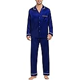 SWOMOG Mens Silk Pajamas Set Satin Long Sleeve Button Down 2 PCS Sleepwear V Neck Classic Loungewear Pjs with Long Pants