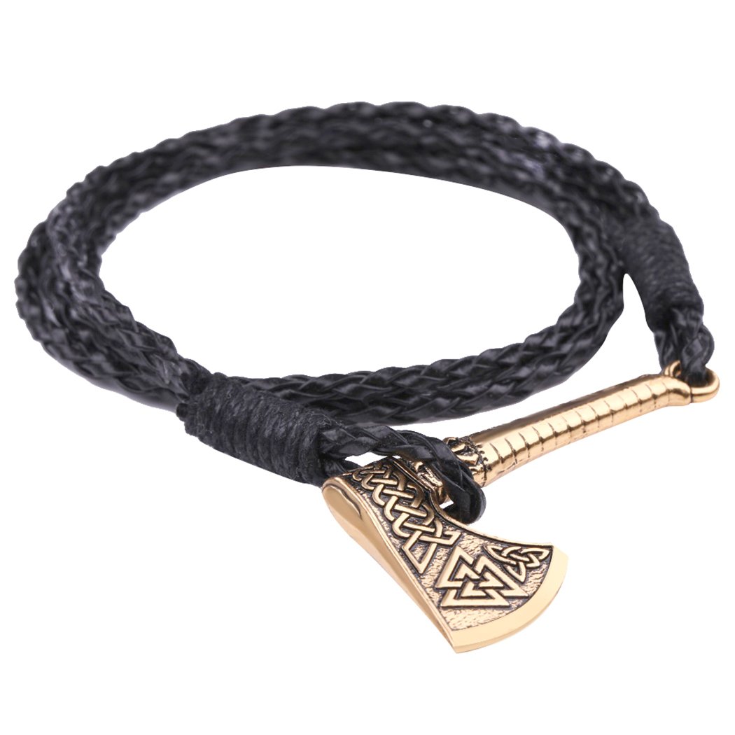 Skyrim Gothic Adjustable Axe Logo with Celtic Kont and Viking Knot Pattern Pagan Bracelet Jewelry (Antique Gold,Twine Elastic Cord), Stainless Steel