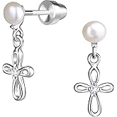 Cherished Moments Children's .925 Sterling Silver Dainty Cultured Pearl or CZ, Dangling Cross Earrings with Screw Backs for Baptism, Christening, First Communion Gift