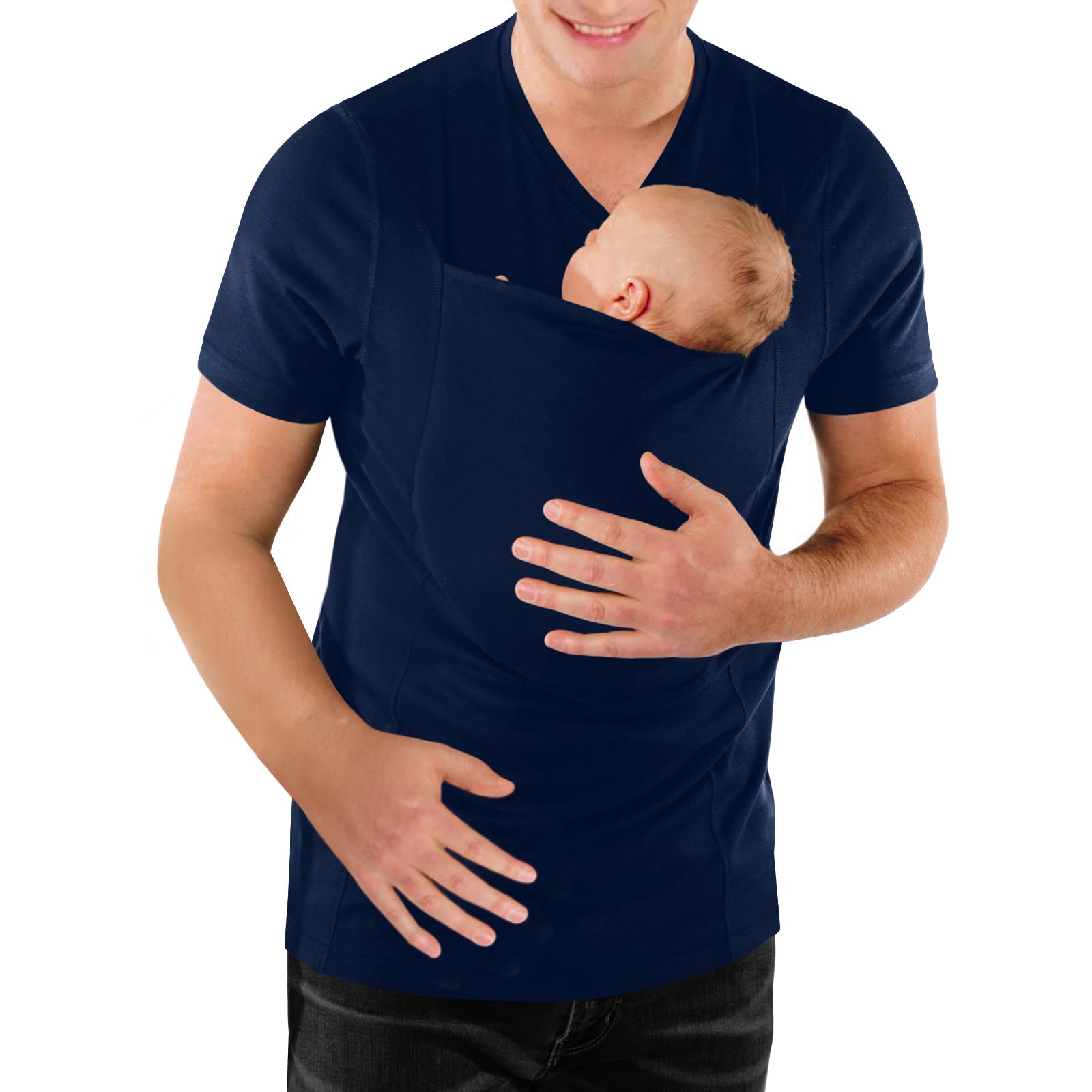 Photo 1 of Mens Baby Carrier Shirt V Neck Short Sleeve T-Shirts for Men Skin to Skin T-Shirt with Pocket Navy SIZE XL