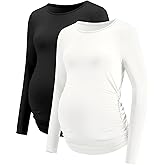 LOMON Maternity Shirts Long Sleeve Thermal Tops Side Ruched Casual Tshirt Crewneck Fleece Base Layer for Pregnant Women