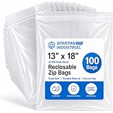 Spartan Industrial - 13" X 18" (100 Count) 2 Mil Clear Reclosable Zip Plastic Poly Bags with Resealable Lock Seal Zipper