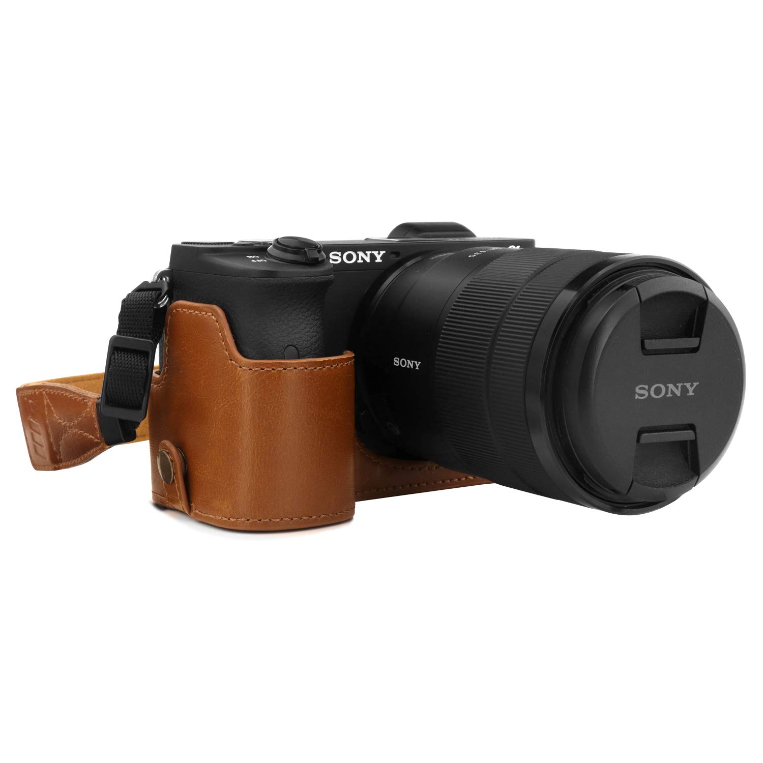MegaGear MG1809 Ever Ready Leather Camera Half Case Compatible with Sony Alpha A6600 - Light Brown