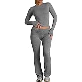 BORIFLORS Women's Workout 2 Piece Lounge Sets Long Sleeve Tops Foldover Flare Pants Casual Outfits Tracksuit