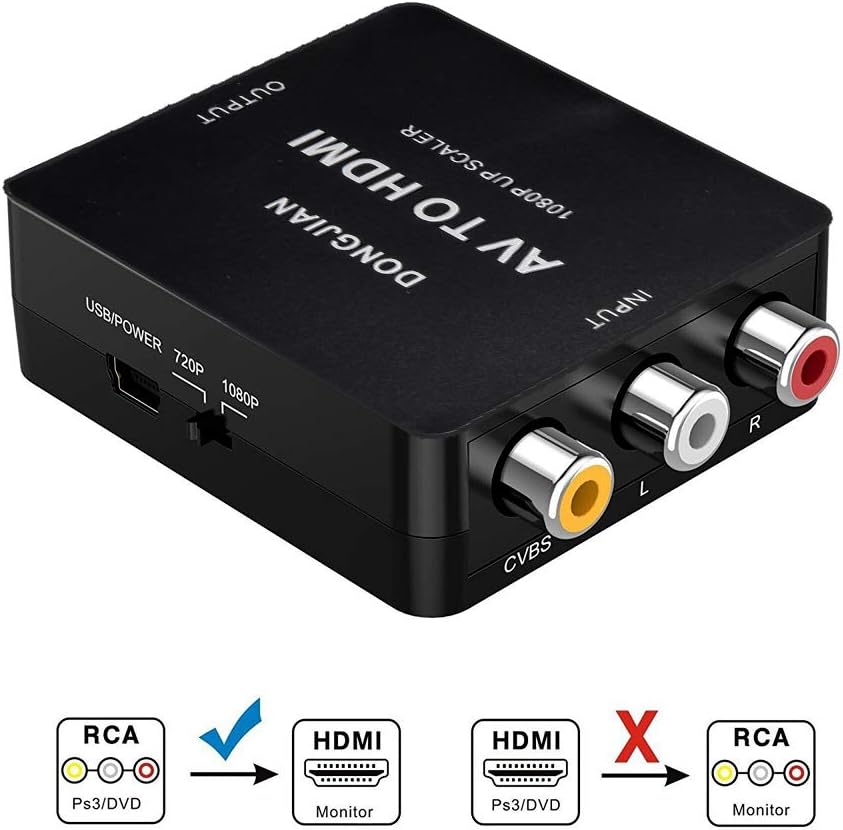 DONGJIAN RCA Composite CVBS AV to HDMI Video Audio Converter Adapter USB Charge Cable Support 1080P PC Laptop Xbox PS4 PS3 TV STB VHS VCR Camera DVD