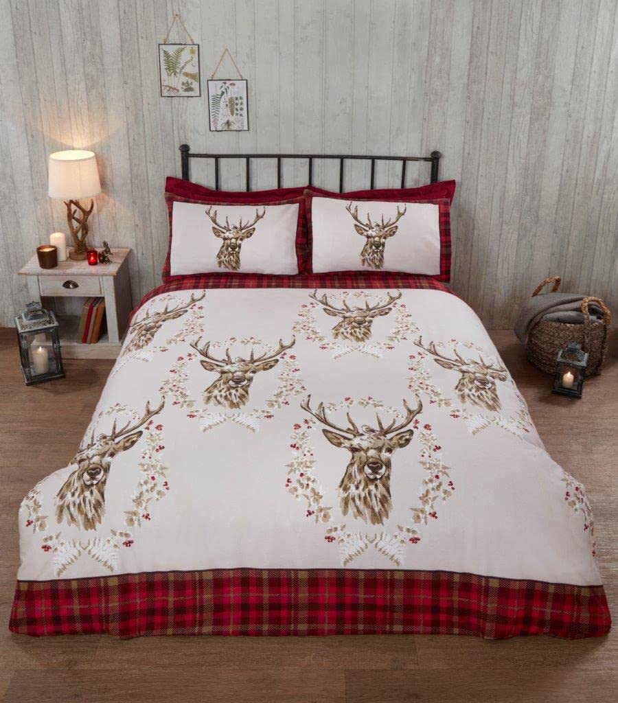 Rapport Home 100% Brushed Cotton Flannelette ANGUS STAG Winter Duvet Quilt Cover Bedding Set (Single, Red)