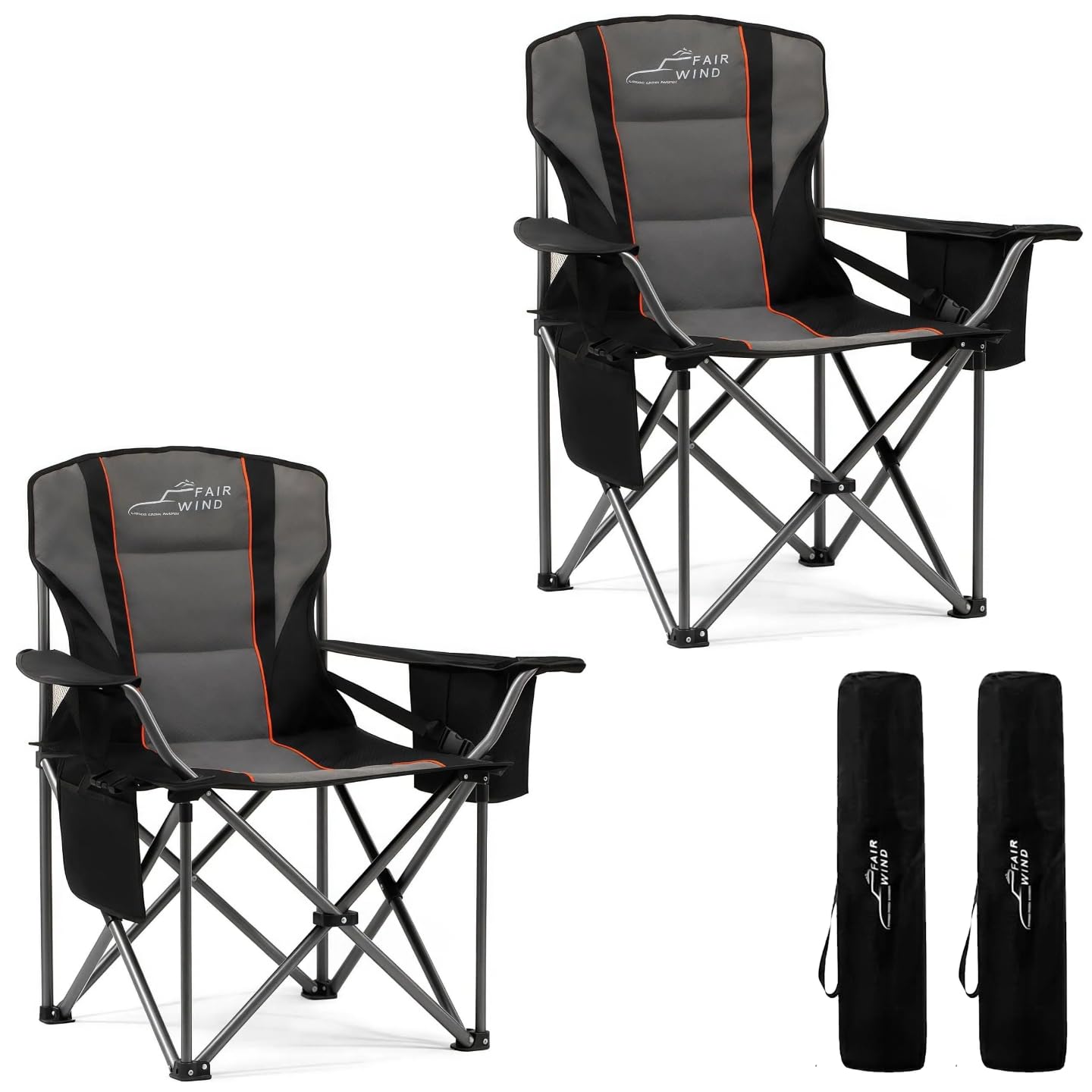 Photo 1 of FAIR WIND 2 Pack Fully Padded Oversized Camping Chair 500LBS Capacity Heavy Duty Folding Chair with Adjustable Lumbar Support, Cooler Bag & Cup Holder for Outdoor, Beach, Tailgating, Firepits, Fishing
