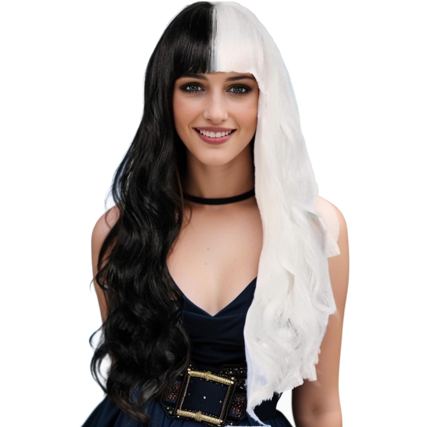 IMISSU Half Black and White Wig Wavy Women's Curly Costume Wigs Lolita Cosplay Wig For Halloween Carnival Party (Long Black and White)