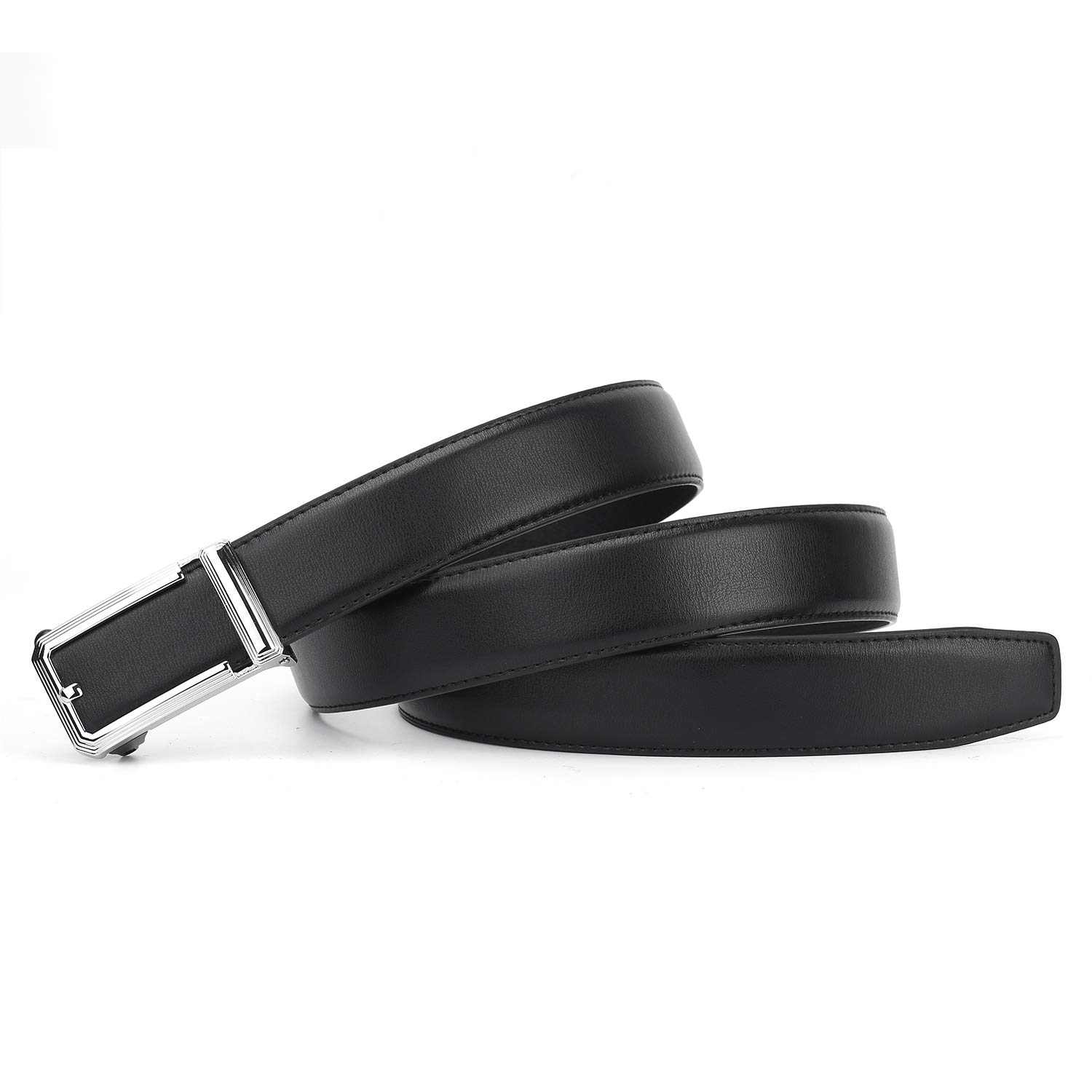 ZHENGYUN Men Adjustable Black Leather Belt, Work Belt, Slide Ratchet Automatic Click Buckle Dress Belts for Jeans Pants Silver L(130CM)