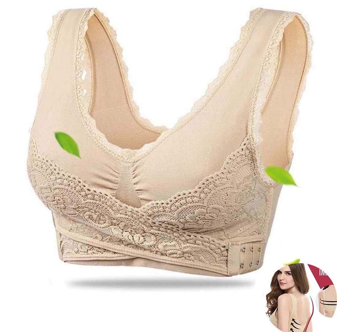 Adayn 2 Pcs Instacomfort Wireless Lace Lift Bra Back Support,Easy Comfort Bra Front Buckle Seamless Anti-Sagging Sports Yoga Bralette Sleep Bras Wide Straps