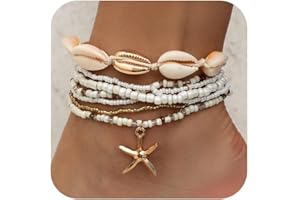 Qceasiy Shell Ankle Bracelet Set for Women, Gold Plated Boho Bead Adjustable Anklet, Hawaiian Beach Seashell Pearl Heart Starfish Conch Foot Jewelry Gifts