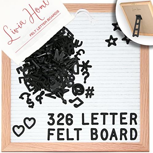 Letter Board with Stand – White Felt Sign with 326 White Plastic Changeable Characters – Wooden 10 x 10 inch Square Solid Oak Frame – With 7x5 inch Canvas Bag - Desktop Display by Livia Home